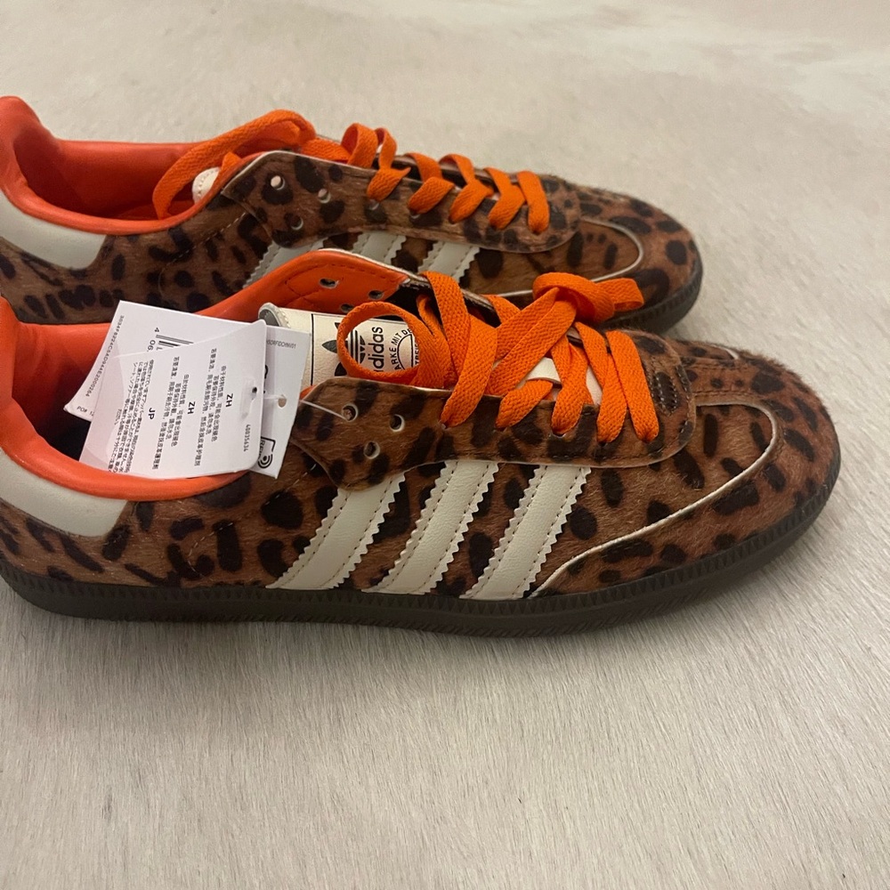 adidas Leopard Print Sneakers with Orange Laces and White Stripes